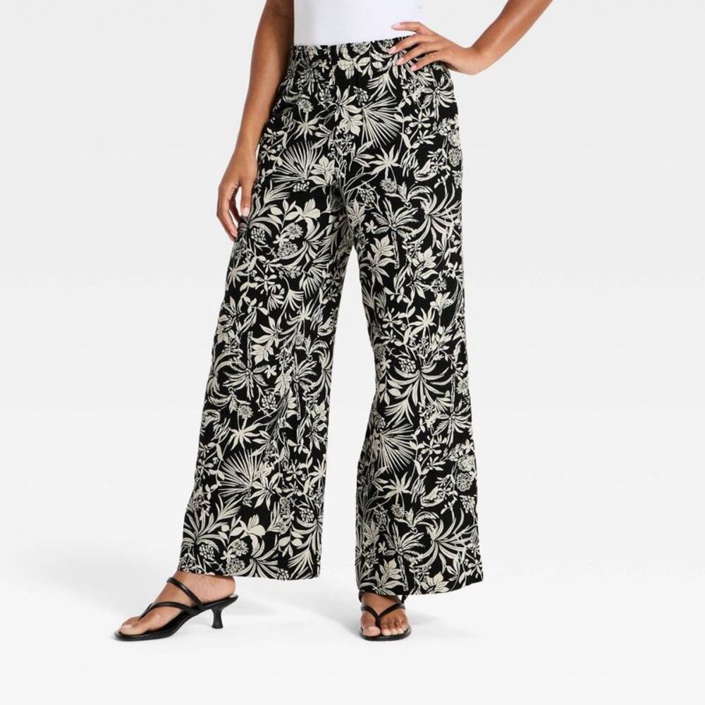 Women's High-Rise Linen Wide Leg Pull-On Pants - A New Day Black Floral S